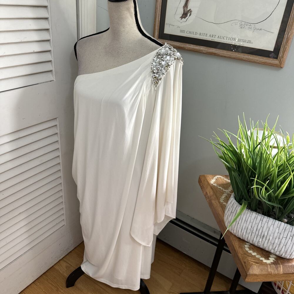 R&M Richards Dress 18W White One Shoulder Rhinestone Ruched Evening Formal Gala - Picture 5 of 10